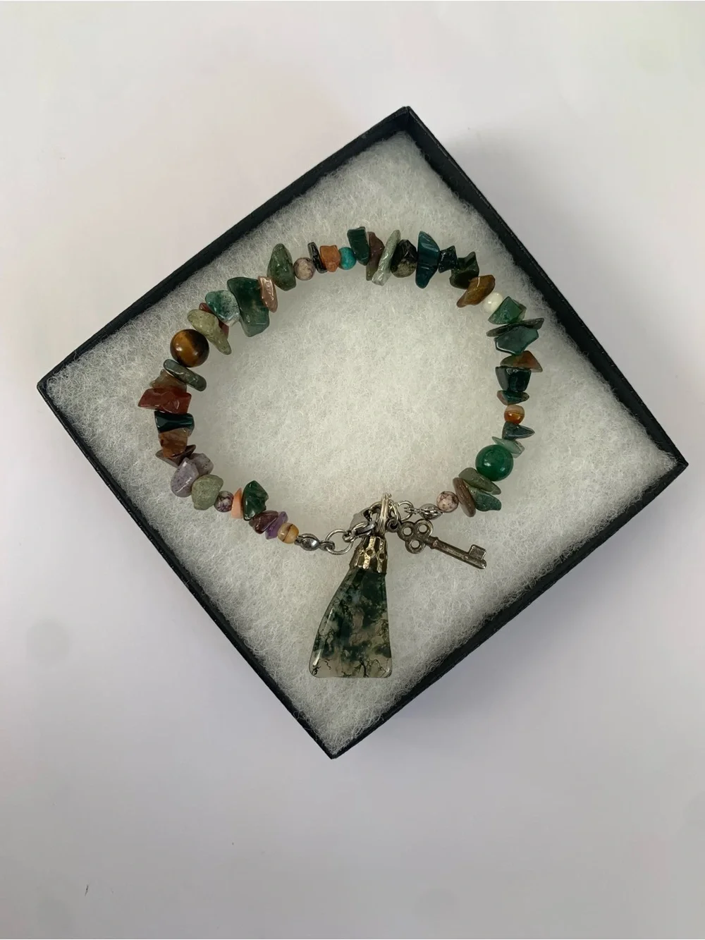 Multicolor Beaded Gemstone Charm Bracelet with Moss Agate Pendant